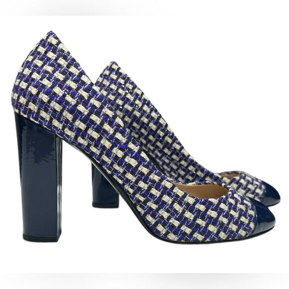 J. Crew Collection Etta Made in Italy Blue Tweed Block Heel Pumps Leather Sole - Picture 7 of 13